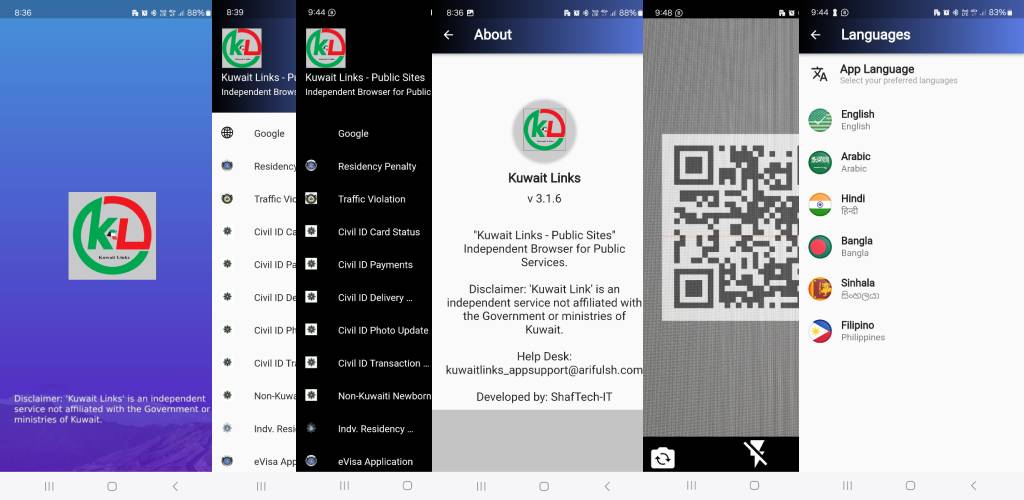 Kuwait Links app showing quick links to official Kuwait services